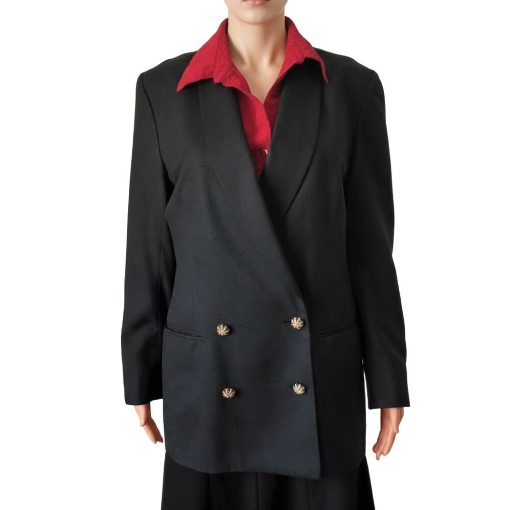 Dana Buchman Blazer Jacket 100% Silk Black Pockets Lined Button Front Womens 4